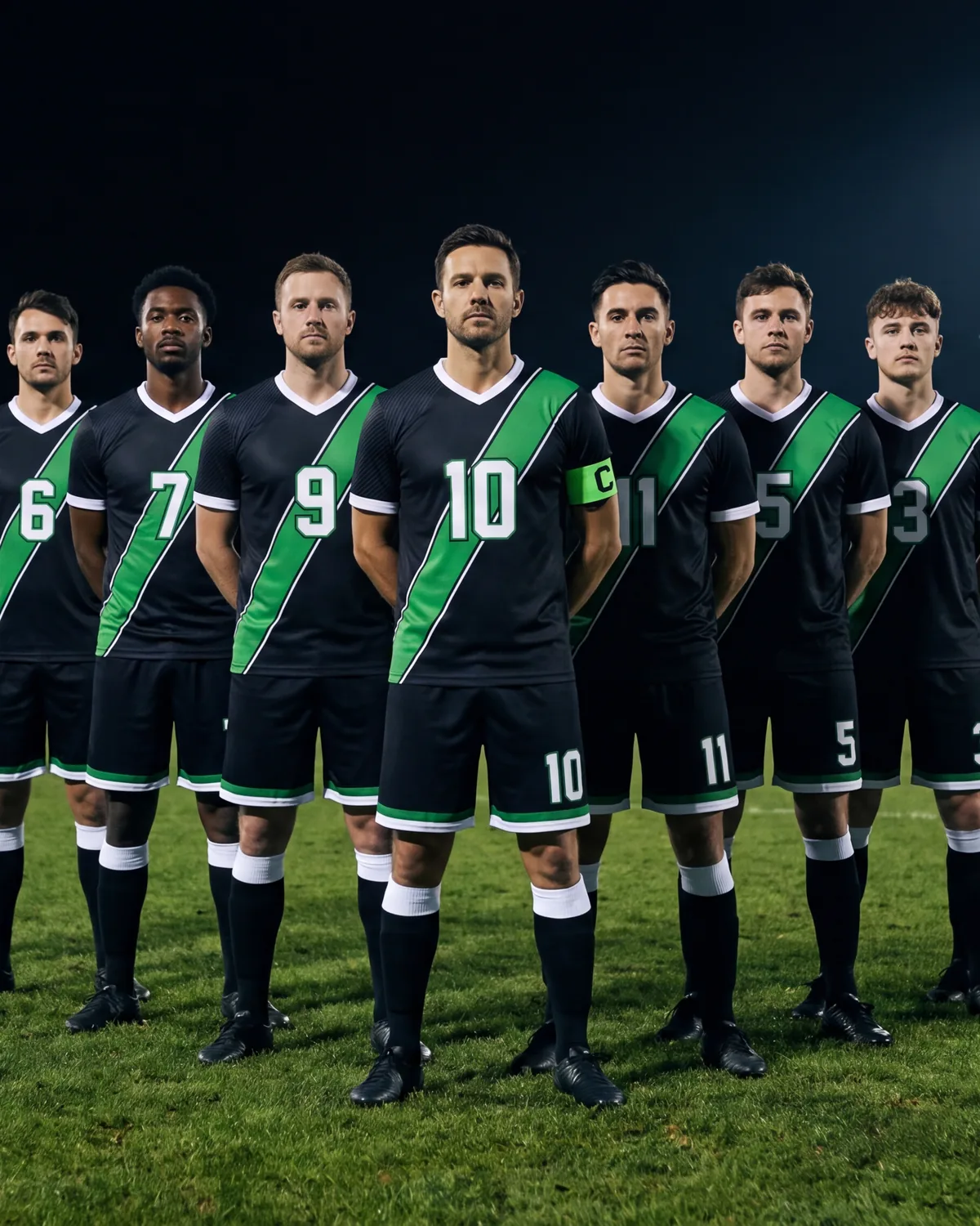A Sunday league squad of eleven in matching black and green kits with squad numbers, the captain in the number 10 shirt and the goalkeeper in number 1