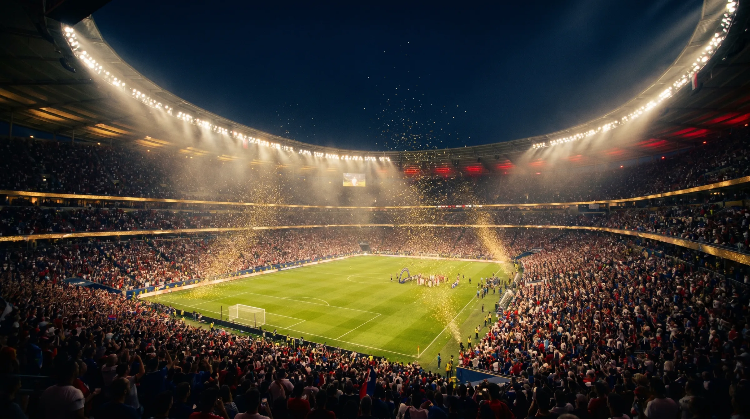 World Cup 2026 stadium at night with golden confetti