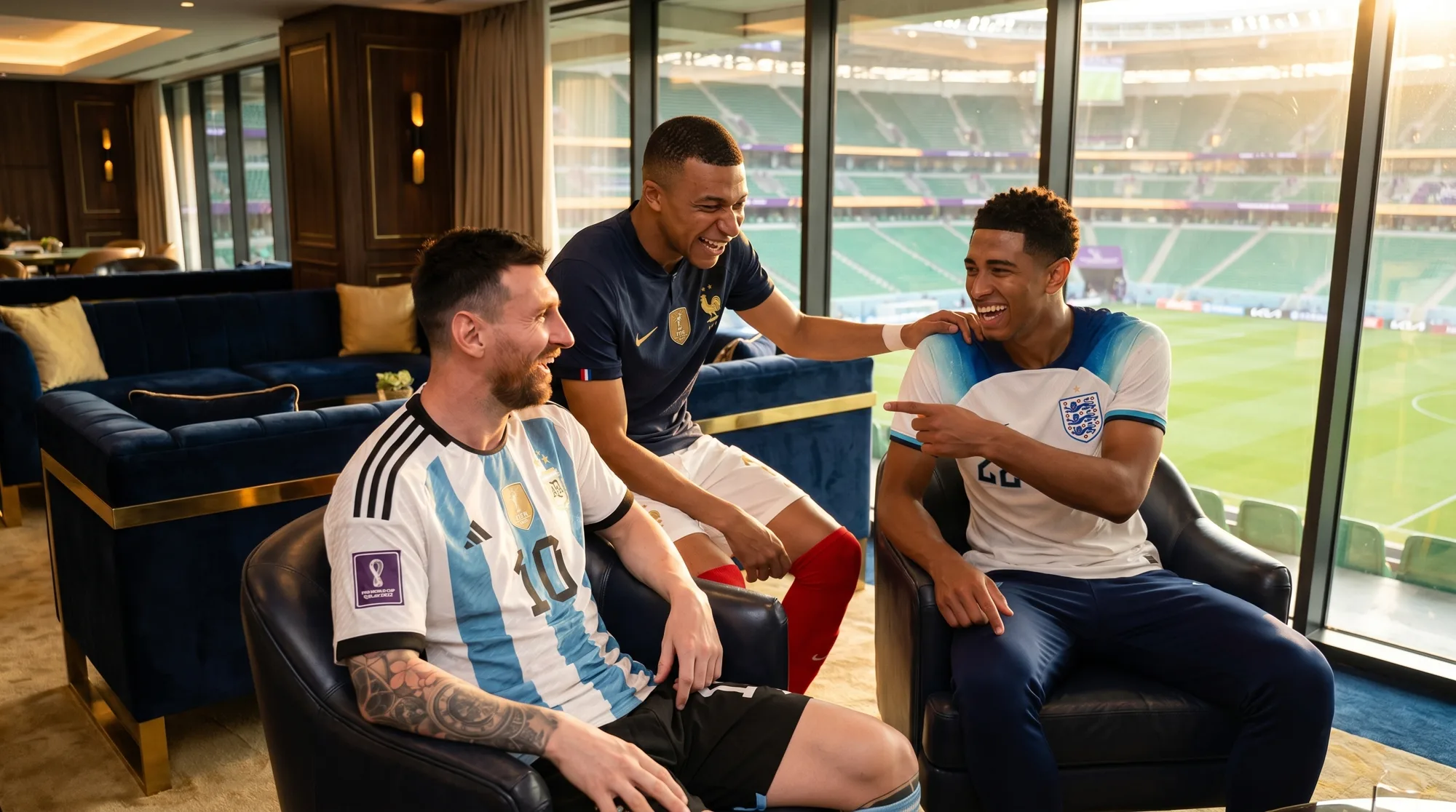 Messi, Mbappé and Bellingham relaxing together before a World Cup 2026 match