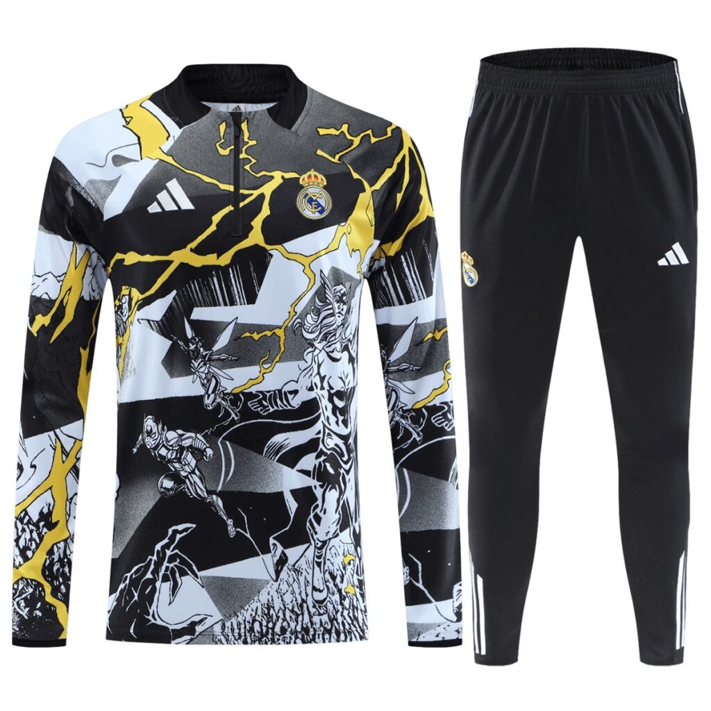 Kids Real Madrid x Marvel Zipper Sweatshirt Kit(Top+Pants) Black 2025/26 - Cancha Kits